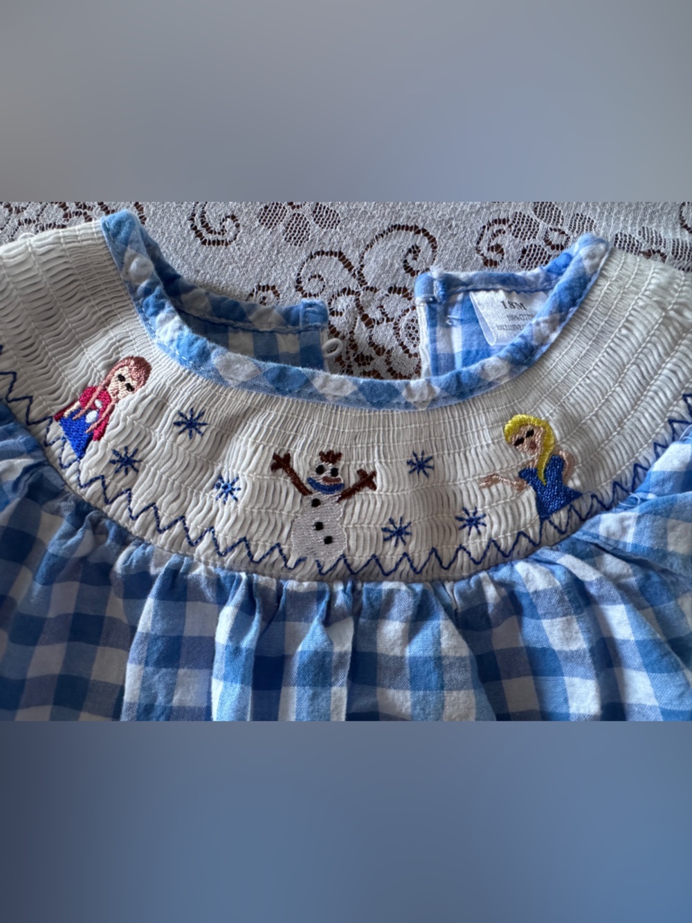 Girls Blue Gingham Smocked Bodysuit with Embroidered Frozen  Characters